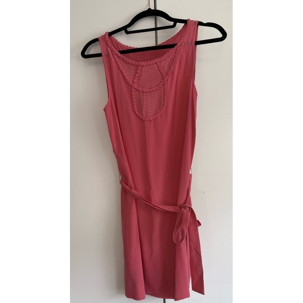 BCBGMaxAzria Sleeveless Coral Pink Shift Dress with Pleated Bib Neckline Tie